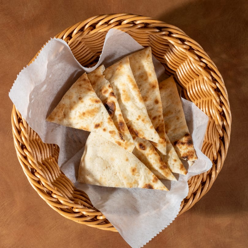 Triangular pieces of Afghan flatbread with charred spots, served in a wicker basket lined with white paper.